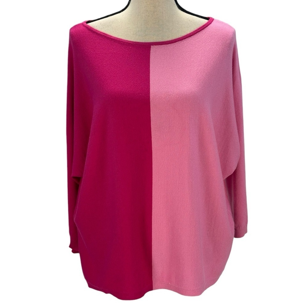 Belldini 3/4 Sleeve Crew Neck 2 Toned Color Block Lightweight Sweater - Pink -XL